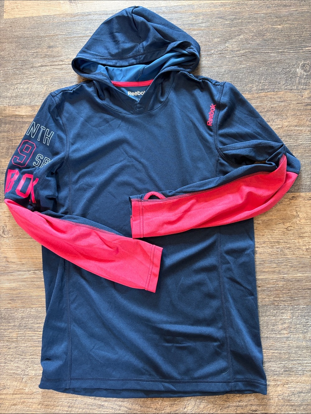Reebok Navy Hooded Long Sleeve with Pink Sleeve Panels with thumb holes